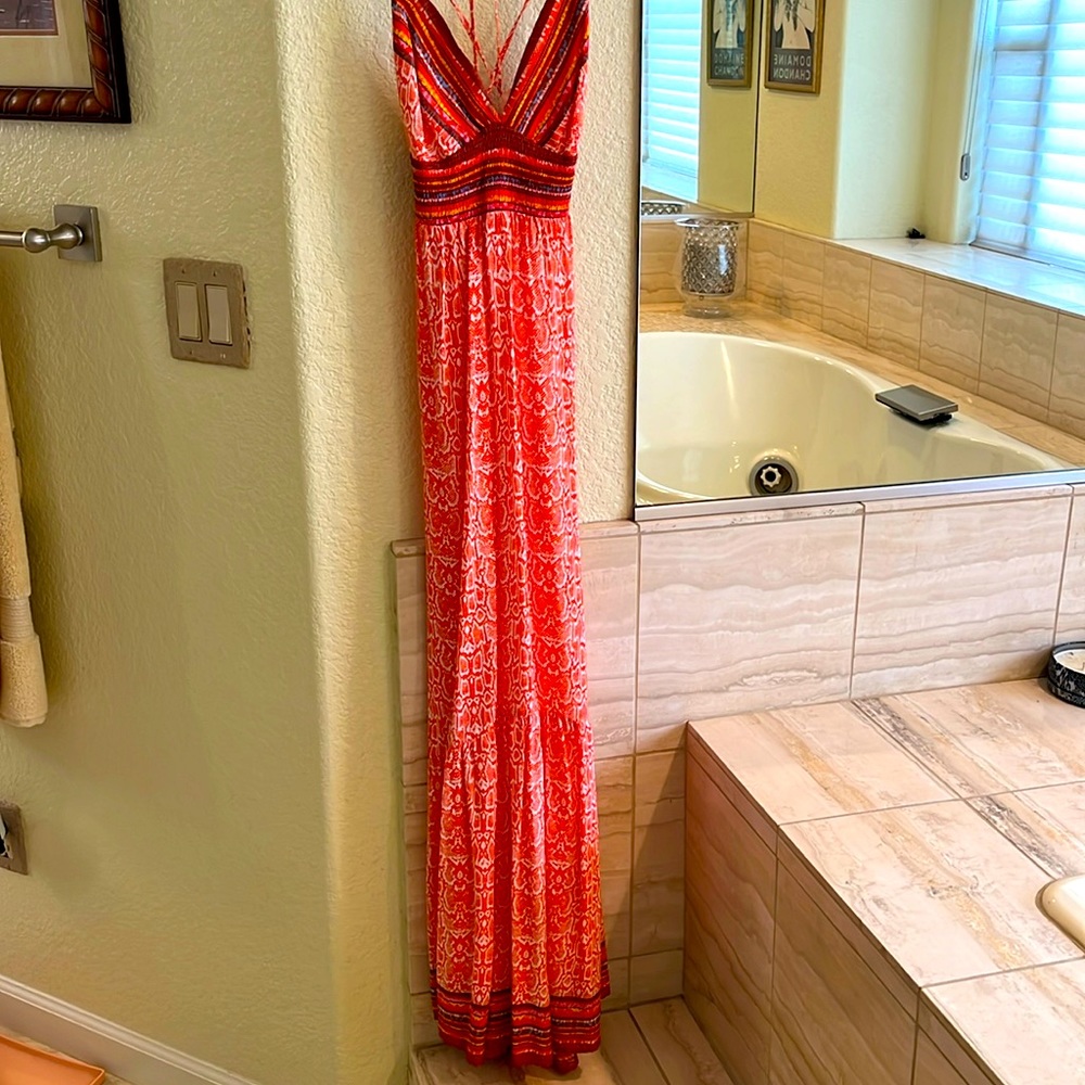 Gorgeous Boho silk maxi dress, Spagetti straps and backless, orange/white/pink.